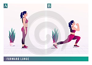 Forward lunge exercise, Woman workout fitness, aerobic and exercises. Vector Illustration.