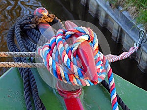 Forward mooring post on canal narrowboat photo