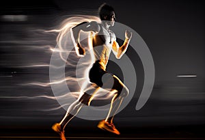Forward running man at night and his dynamic movemen illustration. AI generative