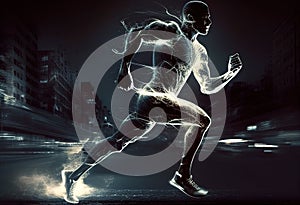 Forward running man at night and his dynamic movemen illustration. AI generative