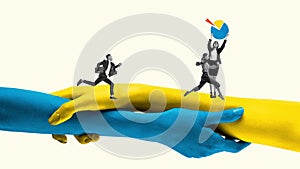 Forward to the goal. Human hands control, taking people, who running to business target. Stop motion, animation. Concept