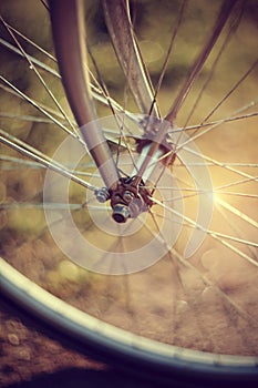 Forward wheel of the bicycle with bokeh