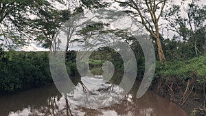 Forwards aerial drone view of river in African landscape in Laikipia,