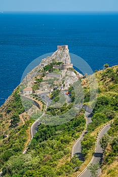 Panoramic view from Forza d`AgrÃÂ², with the Saracen Castle in the background. Province of Messina, Sicily, southern Italy. photo