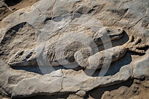 Fossil of an enormous reptilian creature whose last footprint remains embedded in the sedimentary rock.. AI generation