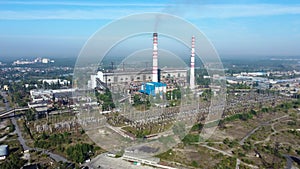 Fossil fuel thermal power station against the sky, aerial view