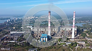 Fossil fuel thermal power station against the sky, aerial view