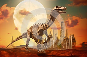 Fossil fuels concept, dinosaur against industrial oil refineries