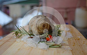 Fossil snail, rosemary, red berry and lavender on my organic terrace