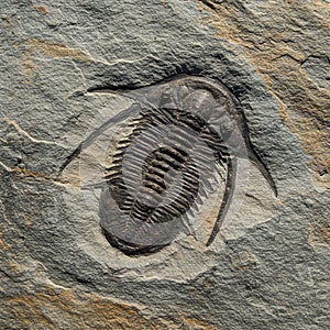 Fossil of a trilobite, an extinct marine arthropod, embedded in sedimentary rock. photo