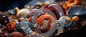 Fossilized ammonite fossil on the background of colored stones