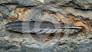 A fossilized feather found in layers of rock indicating the age and evolutionary significance of these feathers in