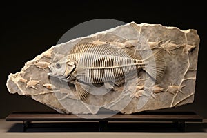 fossilized fish skeleton in a rock slab