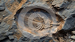 A fossilized imprint of feathered dinosaur feathers preserved in rock providing evidence of the creatures existence and