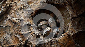 A fossilized nest with several eggs hatching portraying a scene of new life and the continuation of a dinosaur species