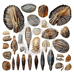 Fossils Set, Archeologic Fossil Dig Collection Isolated, Fossilized Prints of Prehistoric Plants and Animals photo