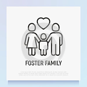 Foster family thin line icon: silhouettes of mother, father and child with heart above. Modern vector illustration, logo for