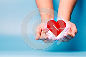foster home concept. hands holding red heart, health care, love, organ donation, mindfulness, wellbeing, family insurance and CSR