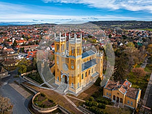 Fot, Hungary - Aerial view of the Roman Catholic Church of the Immaculate Conception in the town of Fot on a sunny spring day photo