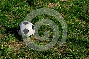 Fotball or soccer black and white ball on green grass background