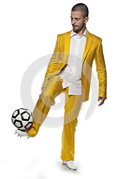 Fotball trick, business man isolated on the background