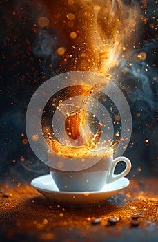 Foto de Hot coffee splash in cup with smoke on dark background - Imagen libre de derechos photo