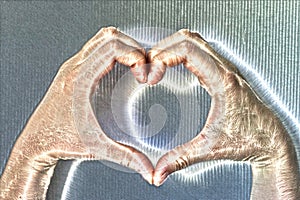 Foto of a glowing human female hand with a kirlian aura showing different symbols