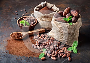 Fotografia Obraz Cocoa powder and beans on brown background