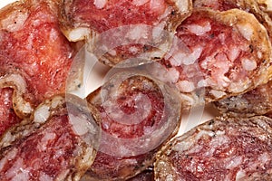 Fouette sausage sliced close up, isolate