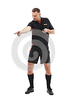 Foul. Full length studio shot of a gesturing ref isolated on white.