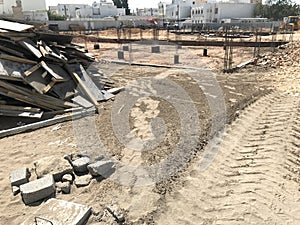 Foundation construction works includes sand filling pedestal concrete beam reinforcement and consolidation works for an house