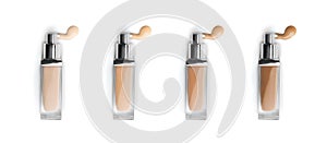 Foundation face makeup samples. Set of cosmetic liquid foundation or bb cream in bottles. Different colour smudge smear strokes