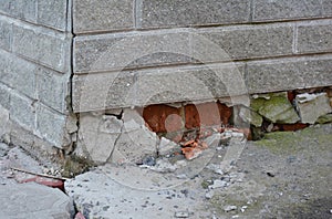 Foundation house wall damage from wetness. Foundation walls with photo