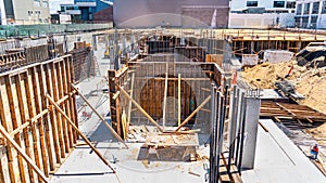 Foundation level of a future skyscraper at a construction site in SoMa district in San Francisco, California