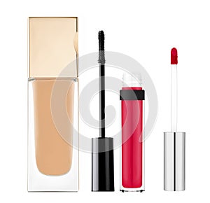 Foundation, mascara, lip gloss isolated on white