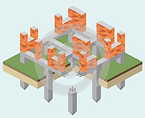 The foundation piles. Grillage sample scheme. Construction of building. Isometric view. Architectural vector diagrams.