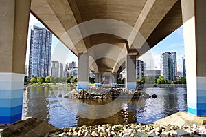 The foundations of Cambie Bridge spanning False Creek , Vancouver, Canada