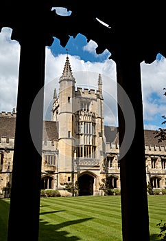 Founder`s Tower in the historic cloisters, also known as the Great Quad, at Magdalen College, University of Oxford UK