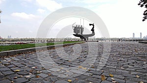 Founders of the Kyiv monument. Aerial view, slow motion. Kiev