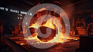 Foundry ladle pouring molten metal in steel industry factory