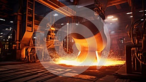 Foundry ladle pouring molten metal in steel industry factory