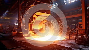 Foundry ladle pouring molten metal in steel industry factory