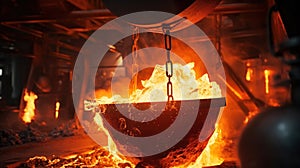 Foundry ladle pouring molten metal in steel industry factory