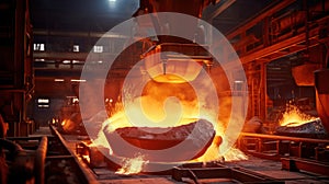 Foundry ladle pouring molten metal in steel industry factory