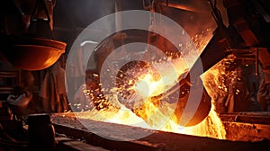 Foundry ladle pouring molten metal in steel industry factory