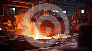 Foundry ladle pouring molten metal in steel industry factory