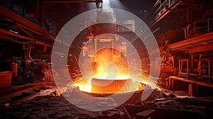 Foundry ladle pouring molten metal in steel industry factory