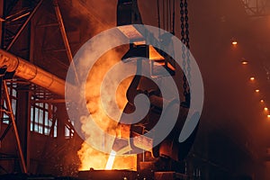 Foundry. Metal Cast Process. Molten Iron pouring with sparks and smoke in metallurgical plant