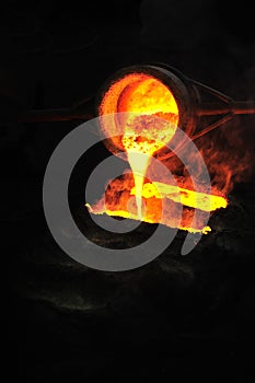 Foundry - molten metal poured from ladle into moul