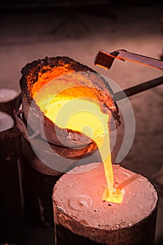 Foundry worker pouring hot metal into cast